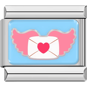 White envelope with pink wings and a heart seal flying on a light blue background.